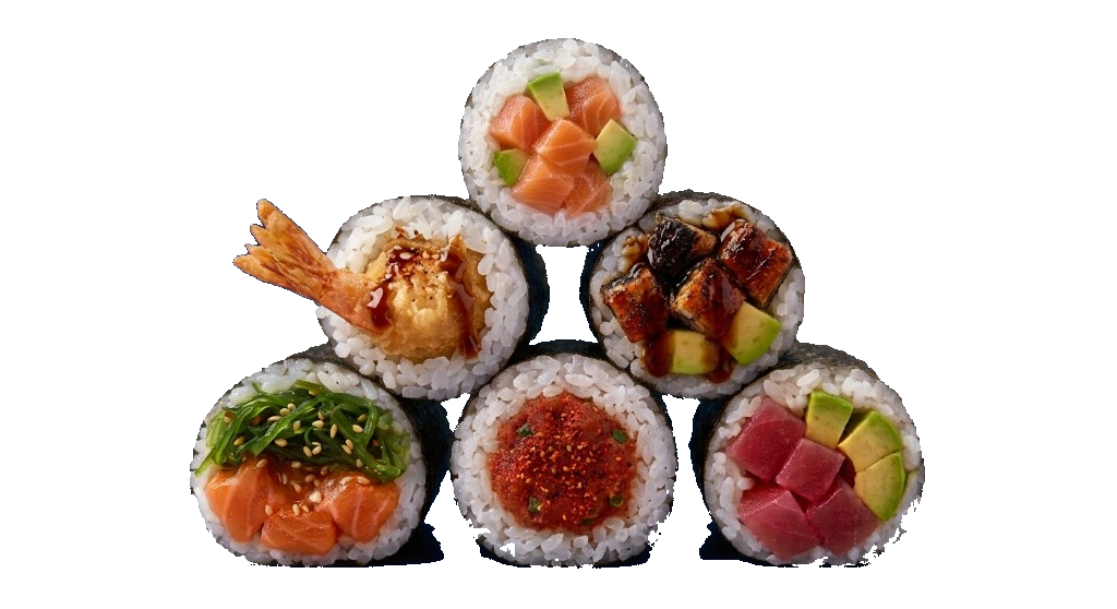 Six thick cut maki rolls stacked in a pyramid with salmon, tempura shrimp, eel, seaweed salad, spicy tuna, and tuna avocado.